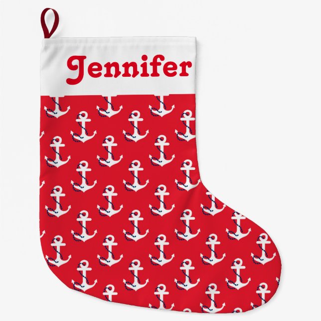 Nautical Anchors Customizable Holiday Message Large Christmas Stocking (Front)