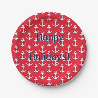 Nautical Anchors Customizable Holiday Message Paper Plates