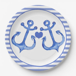 Nautical Anchors & Haert Navy Striped Paper Plates