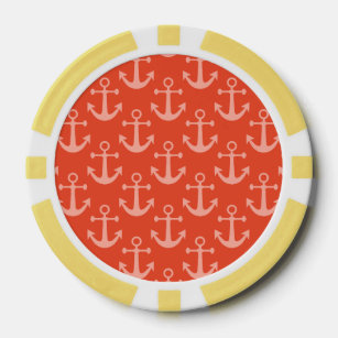 Nautical Anchors in Coral Pink Pretty Pattern Poker Chips