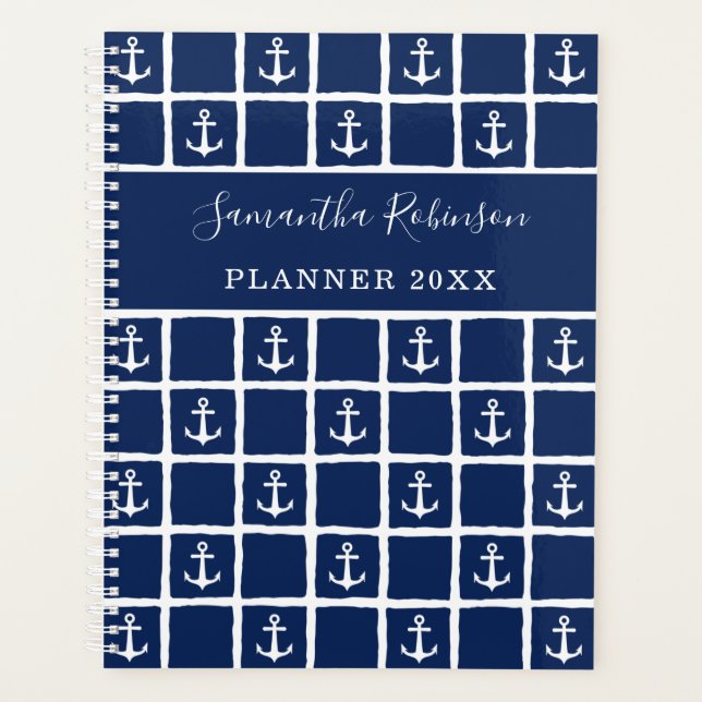 Nautical Anchors Light Navy Blue White 2024 Planner (Front)