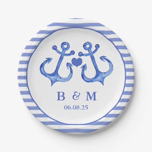 Nautical Anchors Monogram Navy Striped Paper Plate