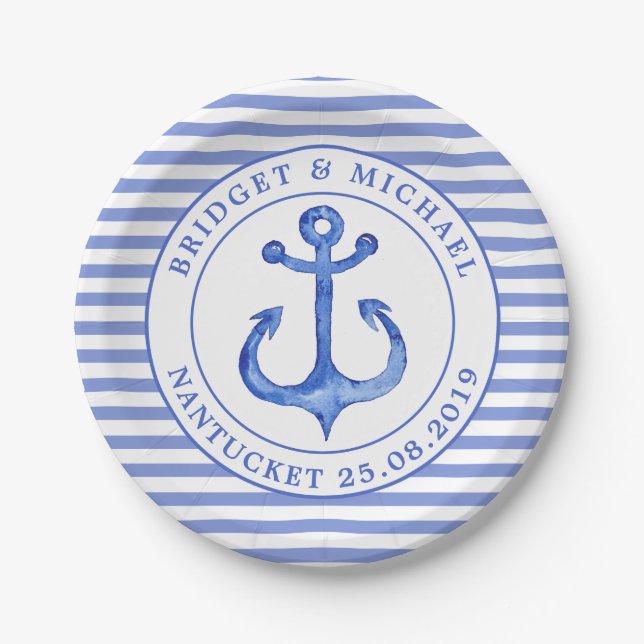 Nautical Anchors Monogram Navy Striped Paper Plate (Front)