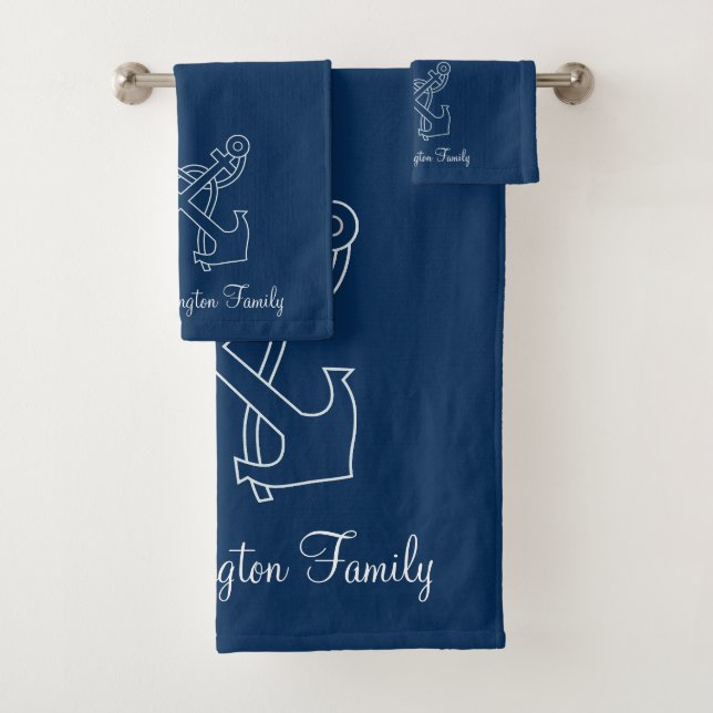 Nautical Anchors Navy Blue Family Name  Bath Towel Set (Insitu)