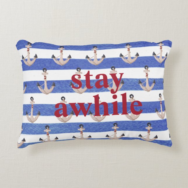 nautical anchors on blue watercolor stripe accent pillow (Front)