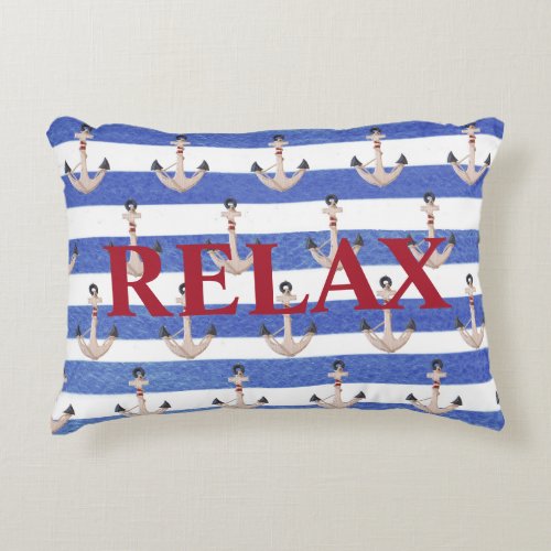 nautical anchors on blue watercolor stripe accent pillow