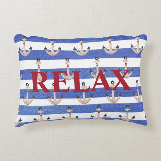 nautical anchors on blue watercolor stripe accent pillow (Front)