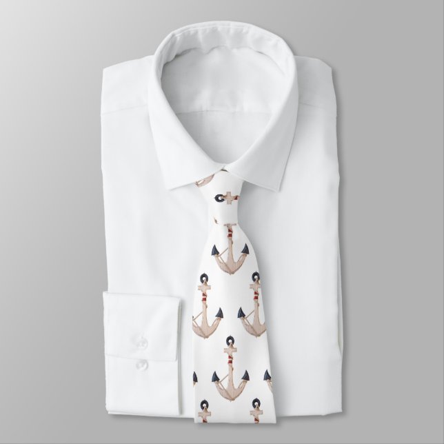 Nautical Anchors on white Neck Tie (Tied)