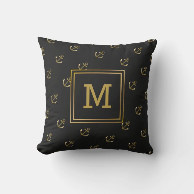 Nautical Anchors Pattern Black and Gold Monogram Outdoor Pillow (Front)