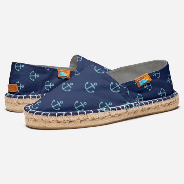 Nautical Anchors Pattern Navy and Aqua Espadrilles (Angled)