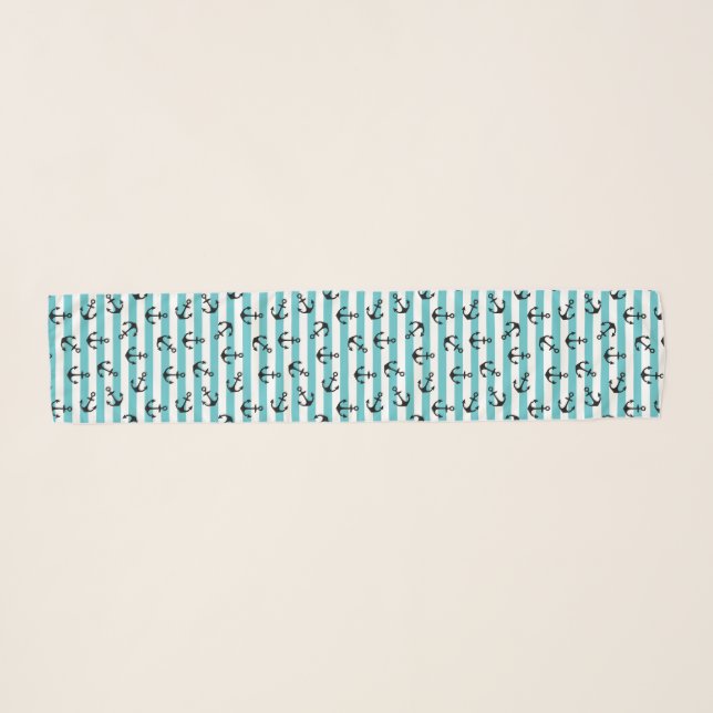Nautical Anchors Patterned Blue Striped Cruising Scarf (Front (Horizontal))