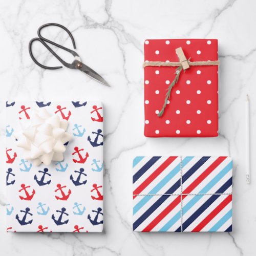 Nautical Anchors Polka Dots and Stripes Pattern Wrapping Paper Sheets