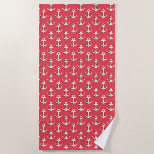 Nautical Anchors Red and White Beach Towel