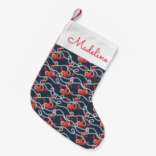 Nautical Anchors & Rope Pattern Add Your Name Small Christmas Stocking