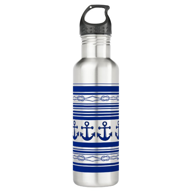 Nautical Anchors Ropes And Stripes Stainless Steel Water Bottle (Front)