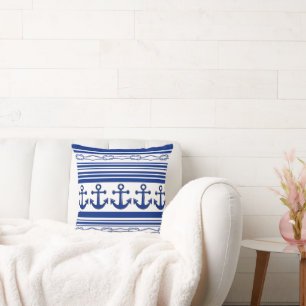 Nautical Anchors Ropes And Stripes Throw Pillow