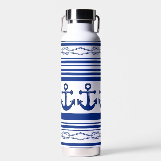 Nautical Anchors Ropes And Stripes Water Bottle (Front)