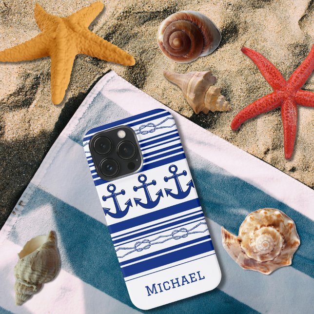 Nautical Anchors Ropes And Stripes With Name iPhone Case (Creator Uploaded)