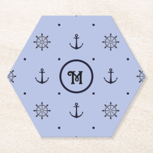 Nautical Anchors, Ships Wheel, Blue Polka Dots  Paper Coaster