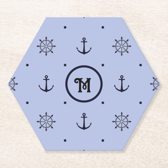 Nautical Anchors, Ships Wheel, Blue Polka Dots  Paper Coaster (Front)
