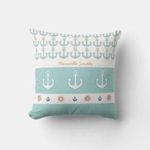 nautical anchors + stripes personalized throw pillow