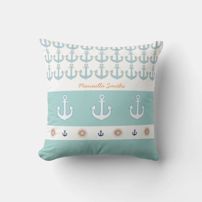 nautical anchors + stripes  personalized throw pillow (Front)