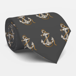 Nautical Anchors with Rope on Gray Neck Tie
