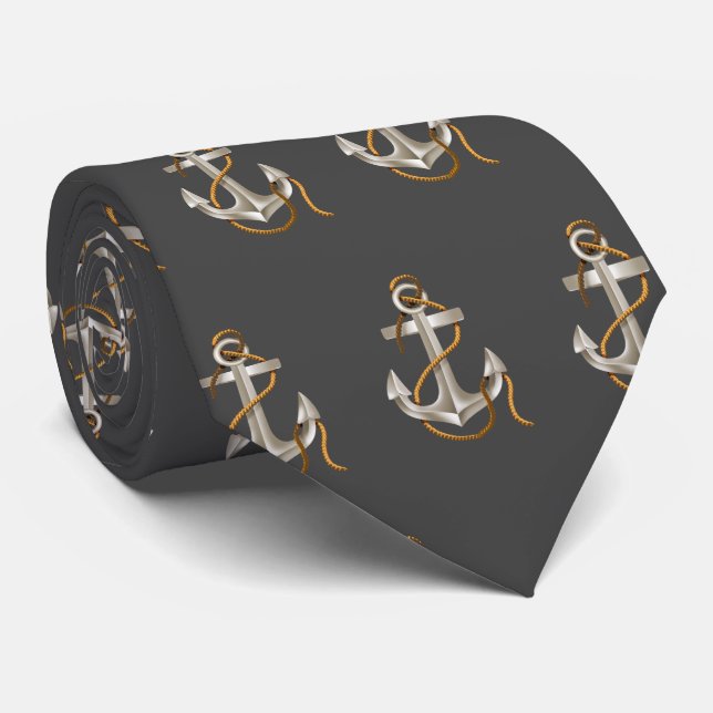 Nautical Anchors with Rope on Gray Neck Tie (Rolled)