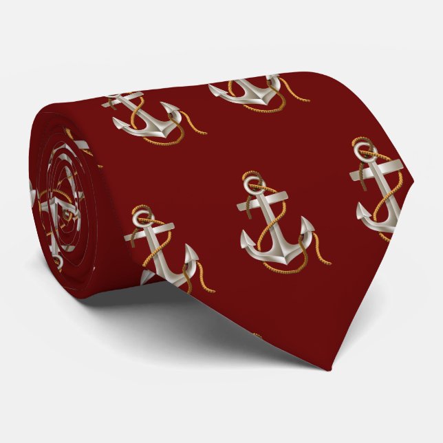 Nautical Anchors with Rope on Maroon Neck Tie (Rolled)