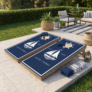 Nautical Anchorwheel Sailboat Navy Personalized Cornhole Set