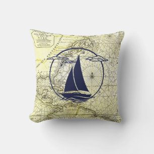 Nautical ancient map/sailboat/silhouette/navy blue throw pillow