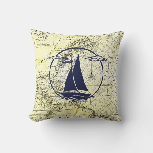 Nautical ancient mapsailboatsilhouettenavy blue throw pillow