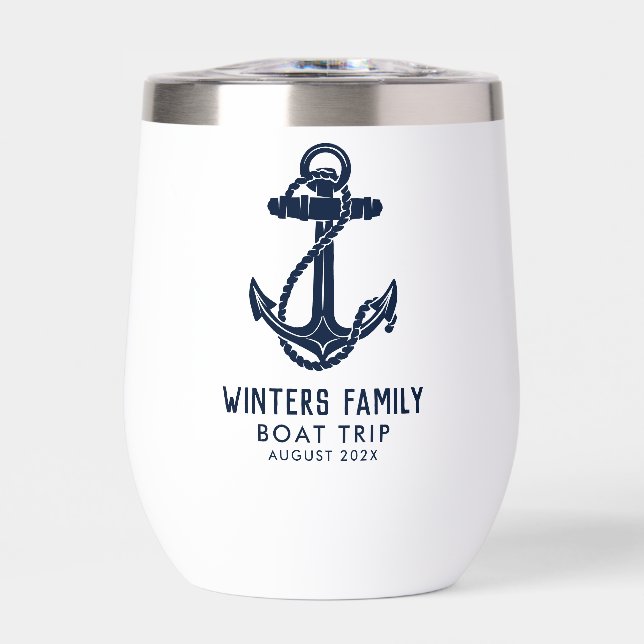 Nautical Annual Family Boat Trip Navy Blue Custom Thermal Wine Tumbler (Front)