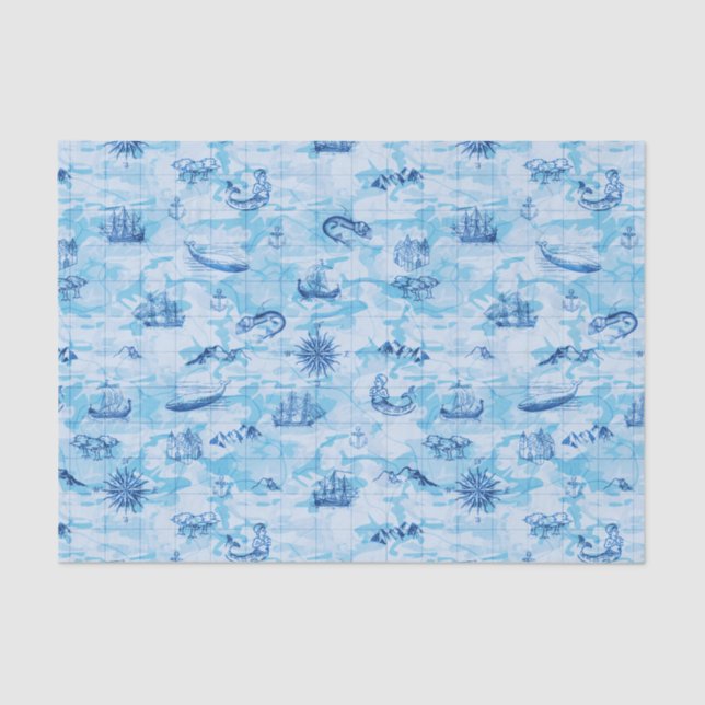 Nautical Antique Map Sea Monsters Ship Anchor Blue Tissue Paper (Front)