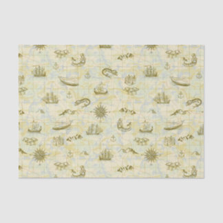 Nautical Antique Map Sea Monsters Ships Anchors Tissue Paper