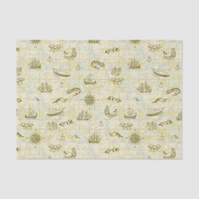 Nautical Antique Map Sea Monsters Ships Anchors Tissue Paper (Front)