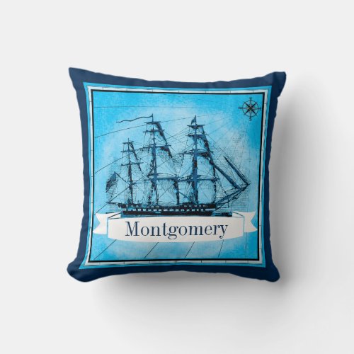 Nautical Antique Vintage Ship Compass Family Name Throw Pillow