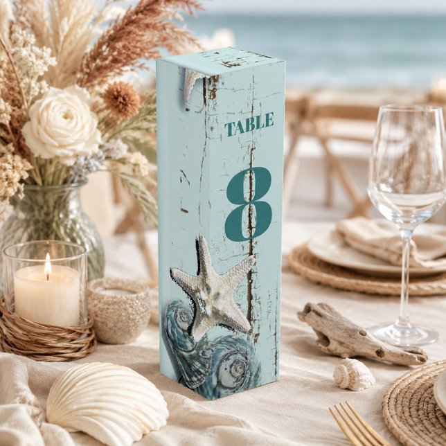 nautical aqua blue seashell beach wedding wine gift box (nautical aqua blue seashell beach wedding table number wine gift box)