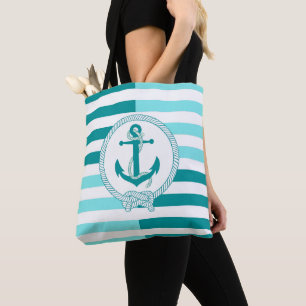 Nautical aqua blue ship anchor, aqua blue stripe tote bag