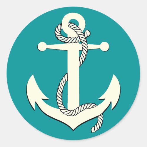 Nautical aqua blue silhouette anchor rope classic round sticker