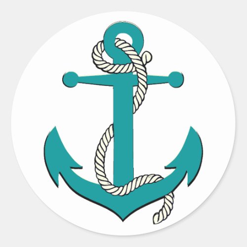 Nautical aqua blue silhouette anchor rope classic round sticker