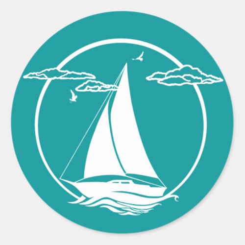 Nautical aqua blue silhouette anchorsailboat classic round sticker