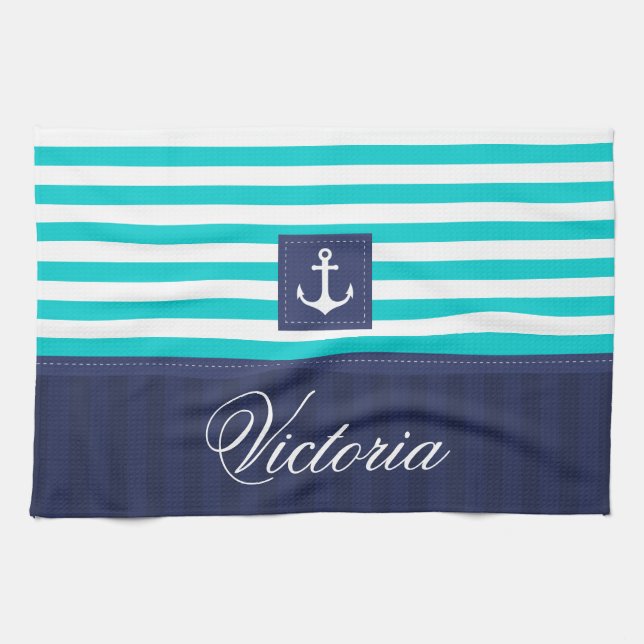 Nautical Aqua Blue Stripes Anchor Personalized Towel (Horizontal)