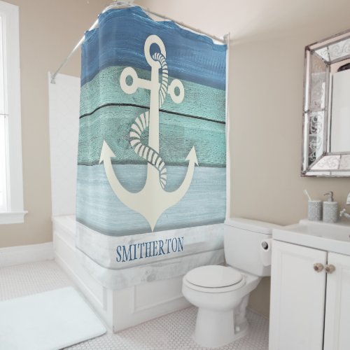 Nautical Aqua Blue White Distressed Wood Anchor Shower Curtain