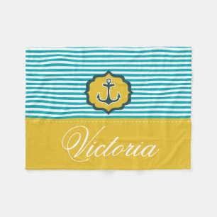 Nautical Aqua Blue Yellow Stripes Anchor Custom Fleece Blanket
