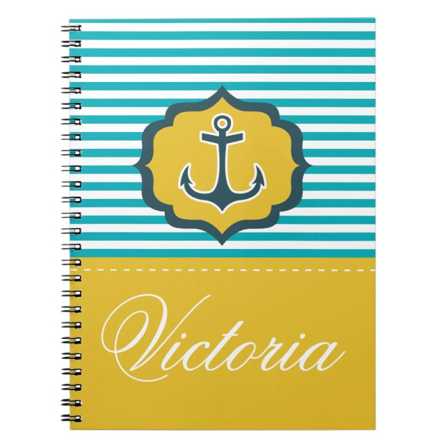 Nautical Aqua Blue Yellow Stripes Anchor Custom Notebook (Front)