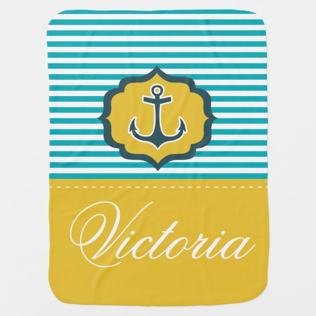 Nautical Aqua Blue Yellow Stripes Anchor Custom Receiving Blanket (Front)