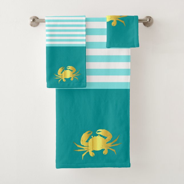 Nautical aqua/gold rock crab with stripes bath towel set (Insitu)