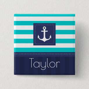 Nautical Aqua Navy Stripes Personalized Name Button