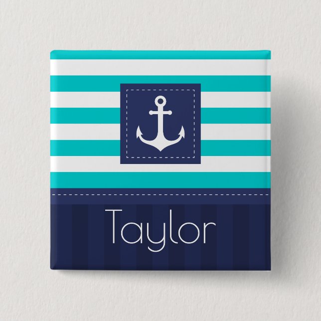 Nautical Aqua Navy Stripes Personalized Name Button (Front)